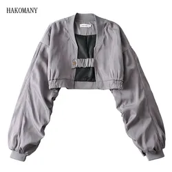 Women Streetwear Ruched Sleeve Casual Basic Cropped Bomber Coat Female Outwear Plain Gray Black Short Women Baseball Jackets