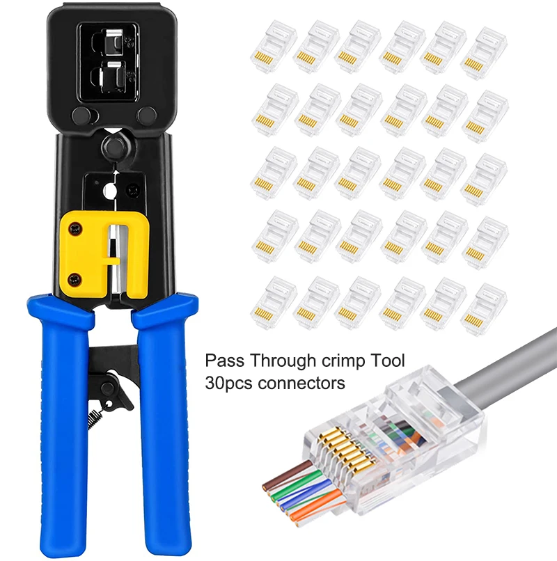 CNCOB RJ45 Crimp Werkzeug Perforierte Cat5 Cat6 Crimpen Werkzeug für RJ45/RJ12 Regelmäßige und 30 stücke Cat5e Ende-pass-Durch anschlüsse