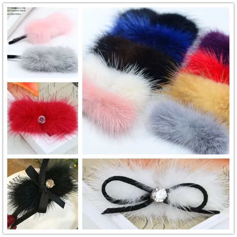 5pcs Colorful Bowknot Mink Hair Fur Soft Pompom 30mm*70mm Wedding Party Decor DIY Handmade Headdress Clothing Hats Supplies