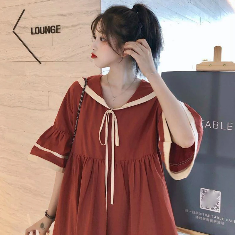 Short Flare Sleeve Dress Women Sailor-collar Bow Kawaii A-line Lace-up Pleated Striped Loose Harajuku Students Summer Preppy New