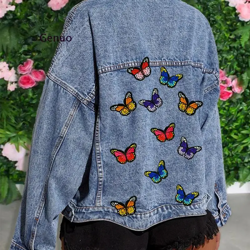 Butterfly Embroidery Pockets Women Denim Coat Button Design Turn-Down Collar Ladies Jeans Jackets Autumn Casual Coats Female