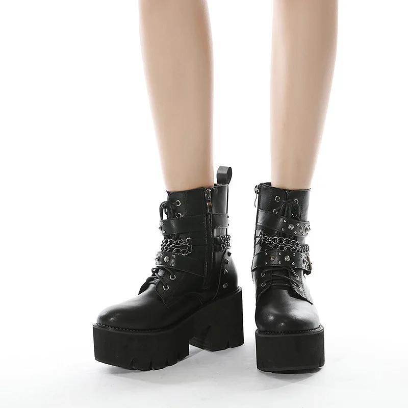 2024 Gothic Black Ankle Boots For Women Plus High Heel Female Shoes Lace-Up Nigh Club Black Sexy Rivets Chain Short Boots image 4