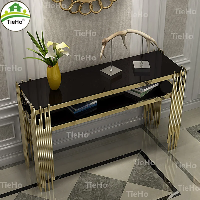 TieHo-Luxury Gold Hallway Console Table, Living Room Porch Table,Tempered Glass Entry Table, Home Furniture, Metal Cabinet Table