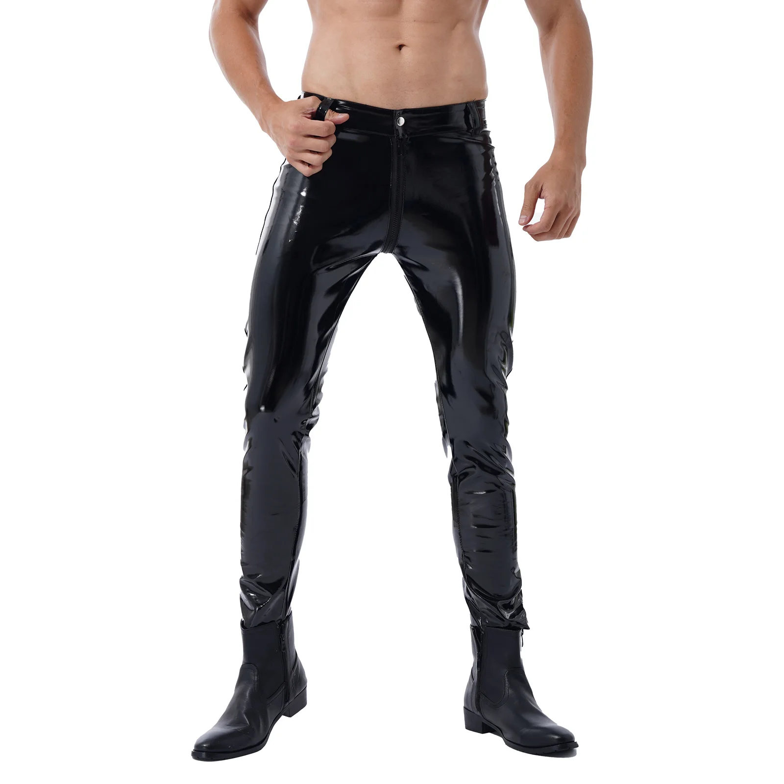 Moto Pants Leather Zipper Crotchless Pants Mens Clothing Fashion Wet Look Nightclub Performance Costumes Wet Look Trousers