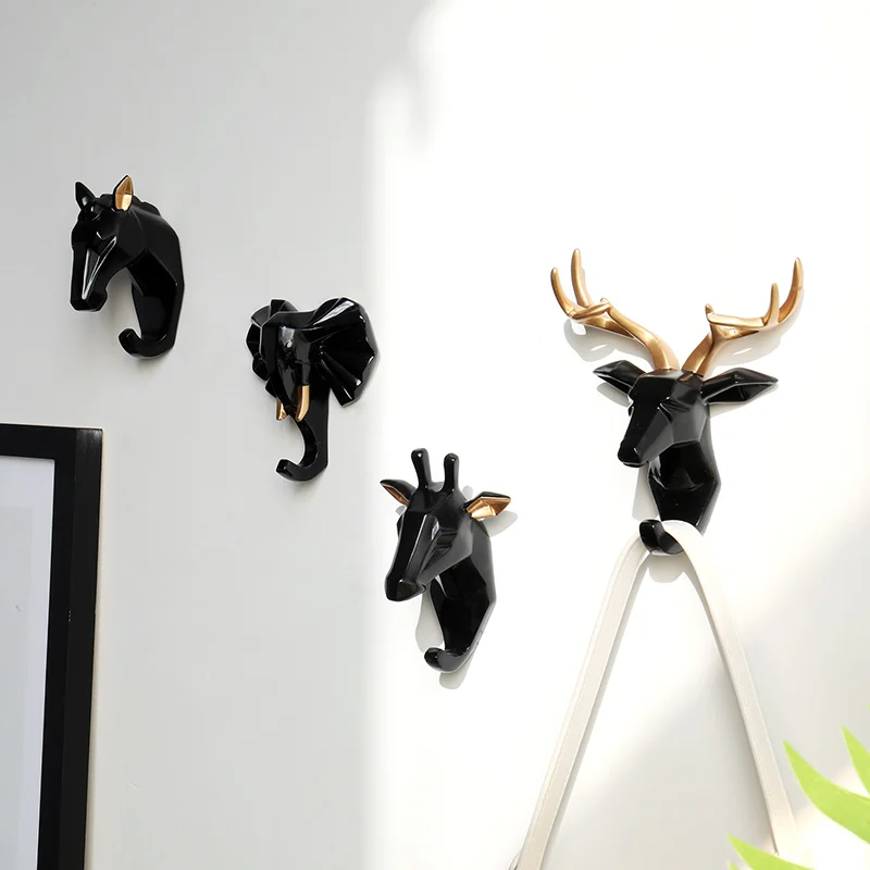 Resin Home Decor Animal Head Nordic Wall Hooks Key Holder Wall Decor Horse Elephant Deer Key Hooks Hanger Handbag Holder