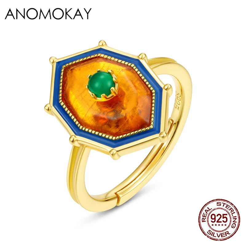 

Anomokay Court Retro Big Natural Crystal Gold Color Rings for Women Lovers Gift Enthnic Style 925 Sterling Silver Resizable Ring