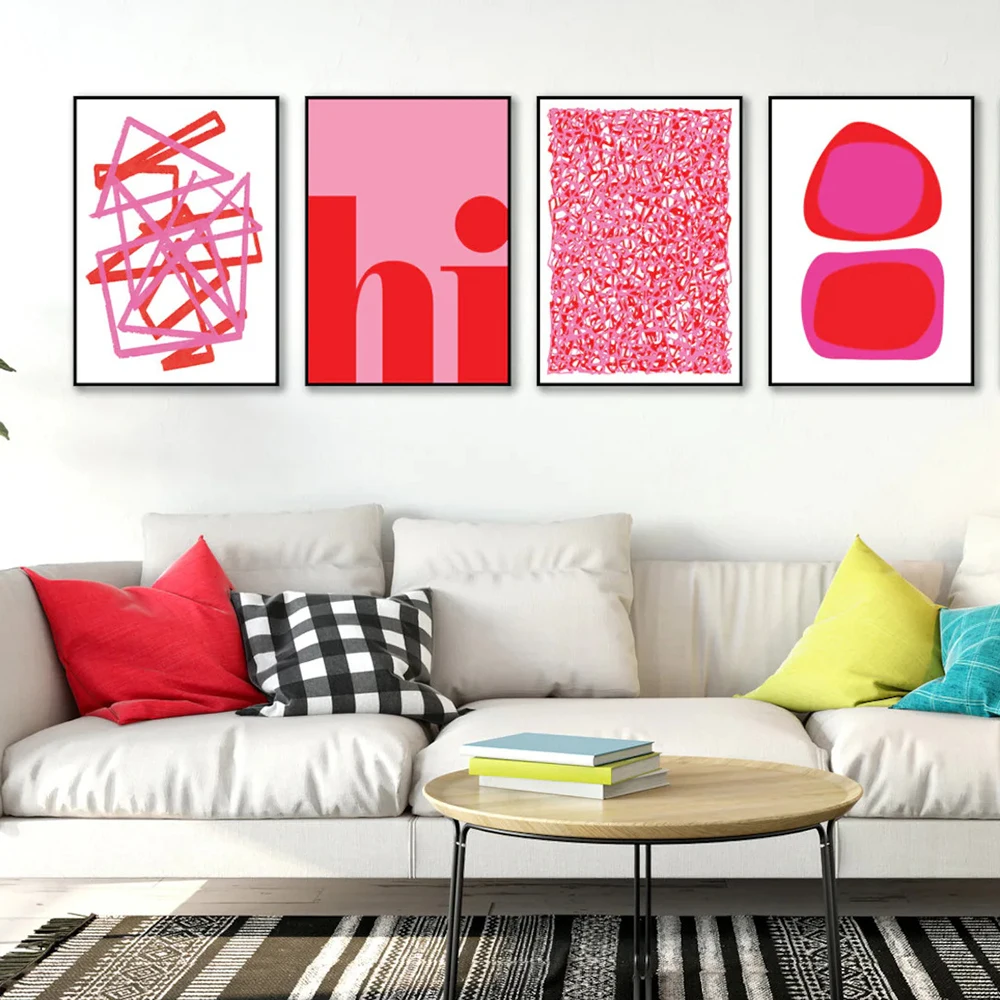 Abstract Art Red Pink Prints Posters Gallery Wall Modern Home Decor Contemporary Artwork Canvas Painting Hi Letters Pictures