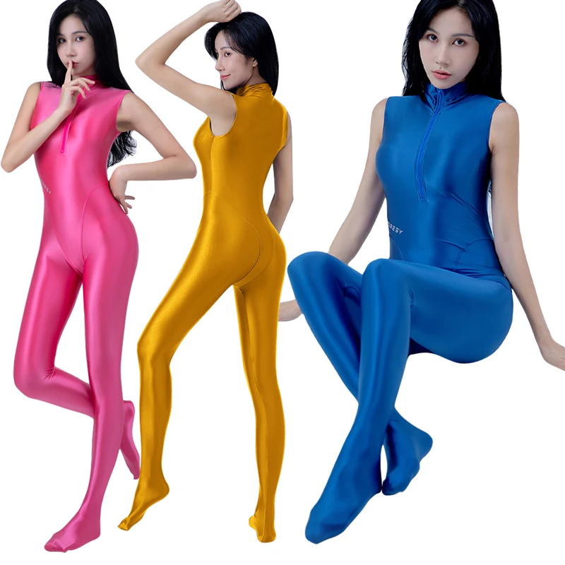 New Sexy Women Oily Tight One-Piece surf Diving Swimsuit Shiny sports Front zipper Playsuit Casual Suits Jumpsuits Catsuits