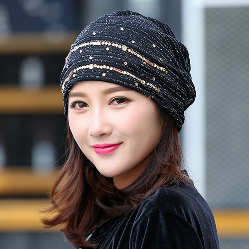 Women Winter Knitted Windproof Warm Cap Female Summer Thin Lace Rhinestone Sports Sunscreen Fold Black Sun Hat K30