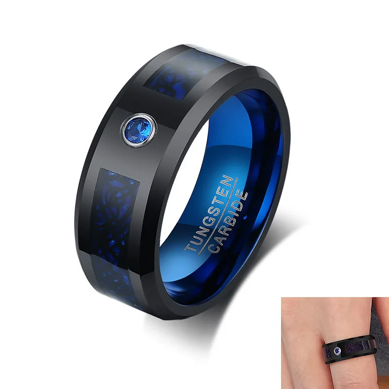 2020 Men's 8mm Inlay Blue Zircon Band Black Dragon Tungsten Carbide Ring Comfort Fit Wedding Band Size 7 - 12