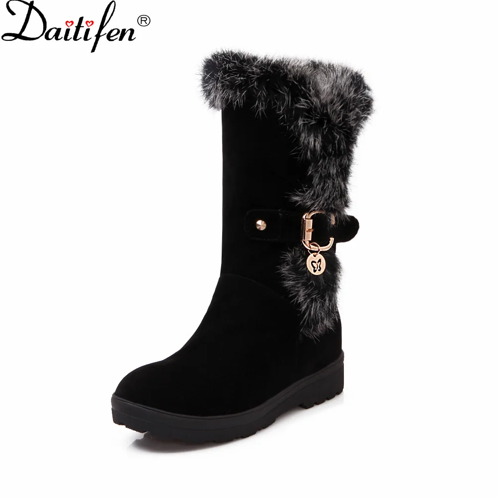 Daitifen Women Mid Calf  Warm Boots Winter With Real Rabbit Fur Hidden Heeled Platform Round Toe Short Plush Warm Boots