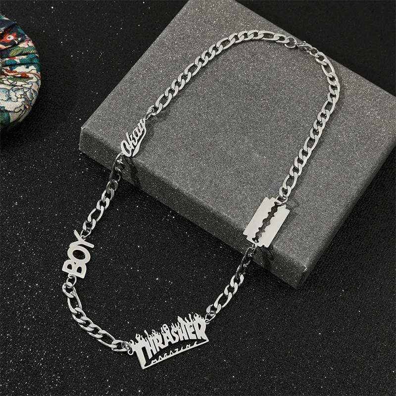 New Quenching Fashion Silver Stainless Steel Blade Pendant Necklace Men's Jewelry Steel Men's Hip-Hop Razor Shape Necklace