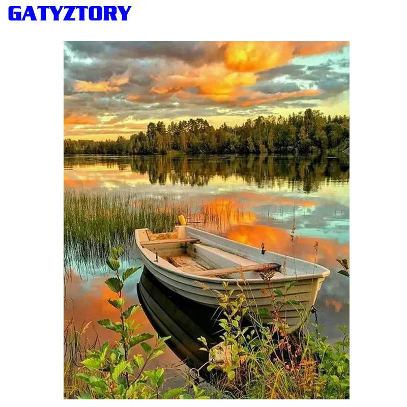 GATYZTORY Frame pittura fai da te per numero Kit Boat Lake Landscape Modern Wall Art Picture pittura a olio dipinta a mano per la decorazione domestica