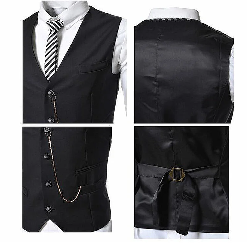 Retro Black Vest Mens Solid Chain Decoration Single Breasted Men Vests Victorian Vintage Slim Waistcoat Men Casual Vest