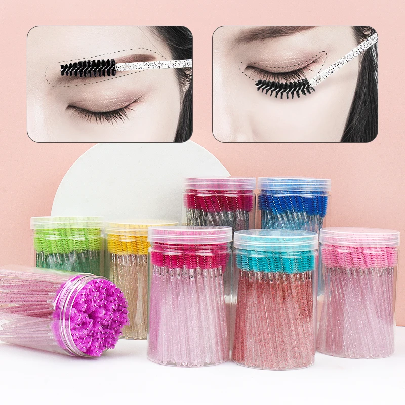 100pcs pennello per trucco usa e getta per Extension ciglia pettine per sopracciglia MicroBrush con scatola manico in cristallo bacchette per Mascara strumento per il sollevamento delle ciglia