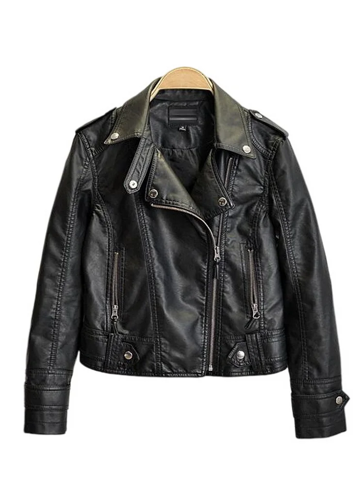 Women Leather Jacket Spring Autumn Moto PU Jacket Slim Washed OL Leather Outwear Multi-Color