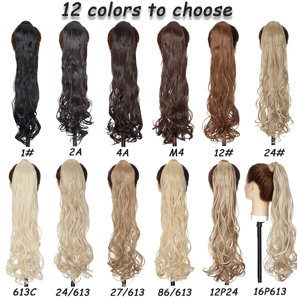 Benehair Synthetic 24inch Long Wavy Clip In Ponytail With Braids Hair Pieces Blonde Brown Ombre Wrap Around Ponytail 120g