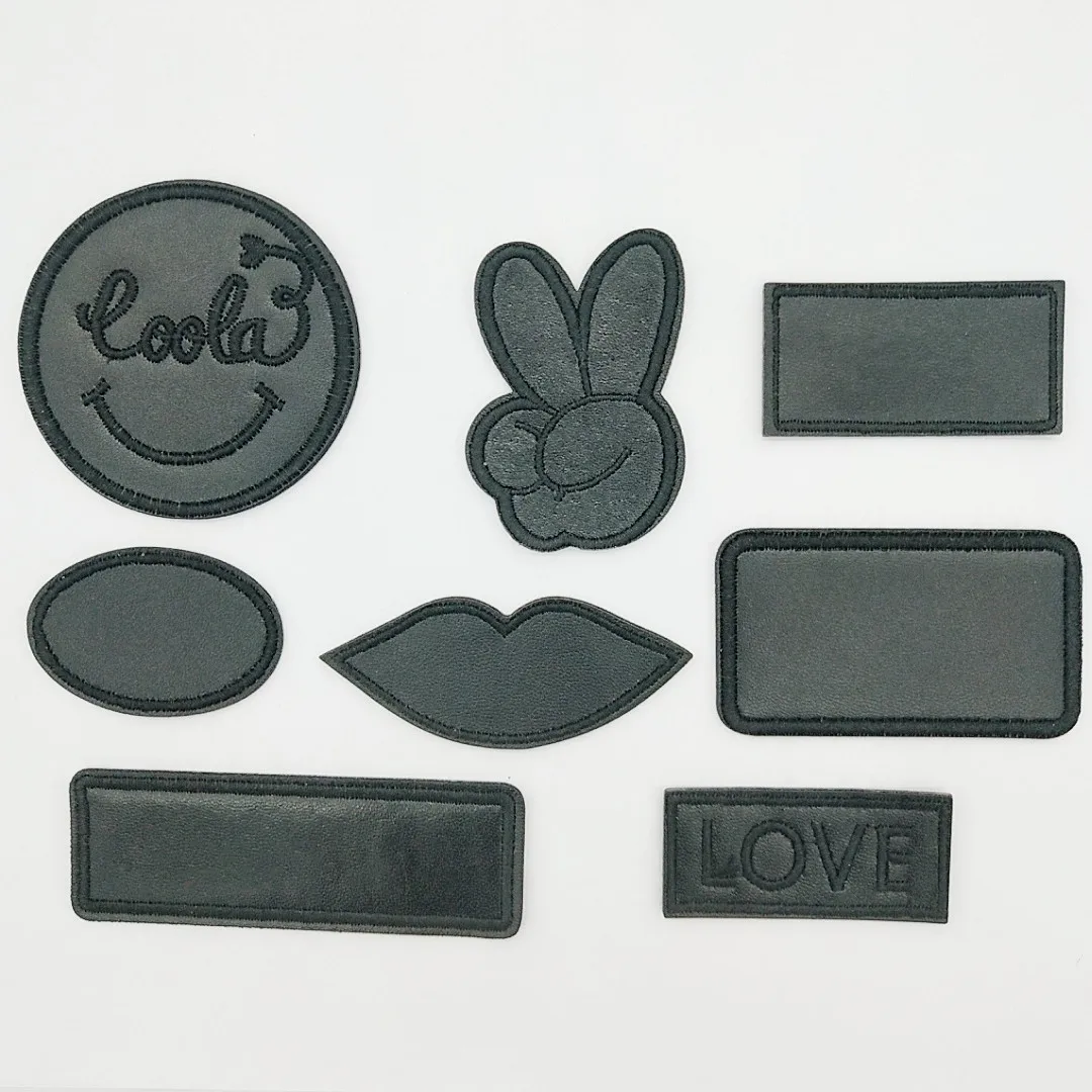 Self Adhesive Black PU Leather Embroidery Patches Heart Love Letter Round Sofa Down Jackets Repair Iron on Patch Stripe Sticker