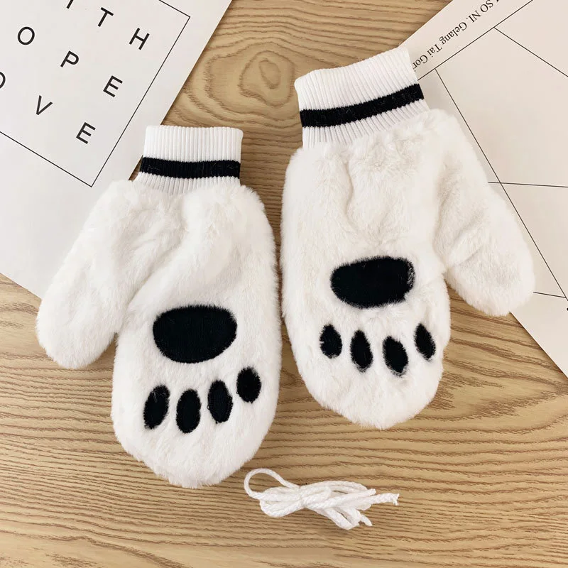 

Women Winter Keep Warm Plus Velvet Inside Thicken Full Finger Female Cute Lovely Japanese Style Bear Paw Mittens Gloves