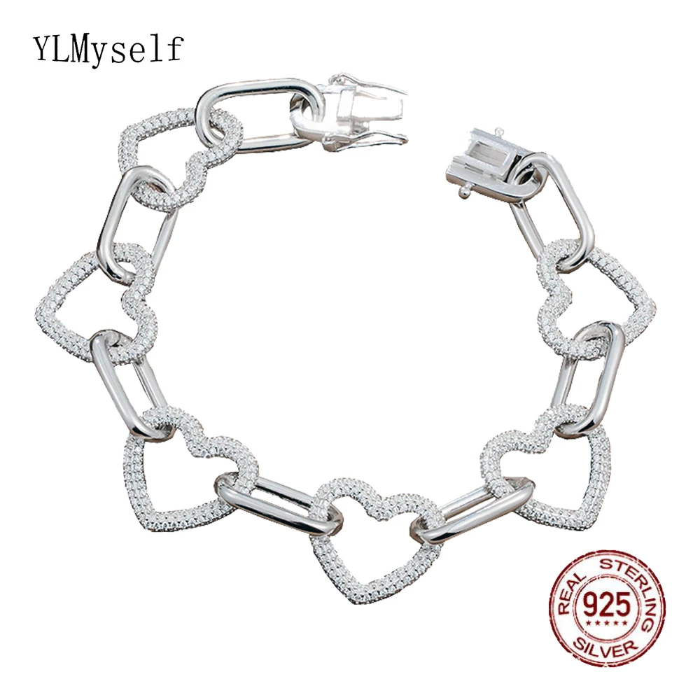 Luxury Real 925 Silver Link Bracelet 15.8/18cm Micro Pave Full Zircon Heart Design with Gift Box Fine Jewelry Big Bangle