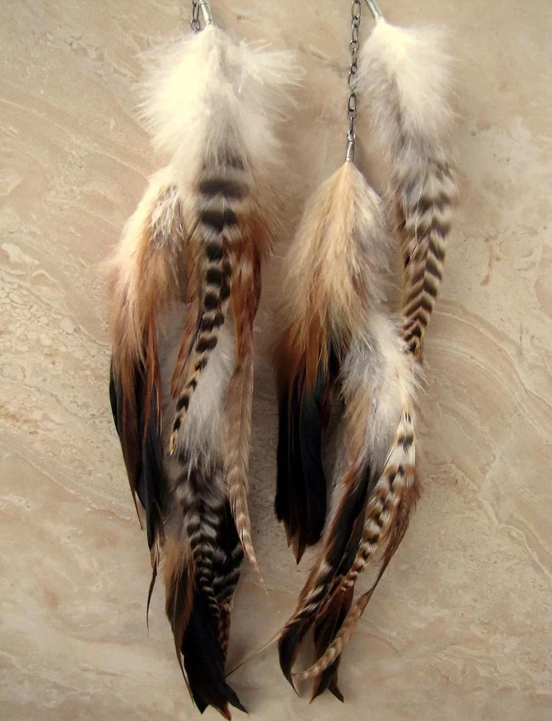 Extra Long Feather Earrings - Long Brown Feather Earrings - Striped Feather Earrings - Feather Jewelry