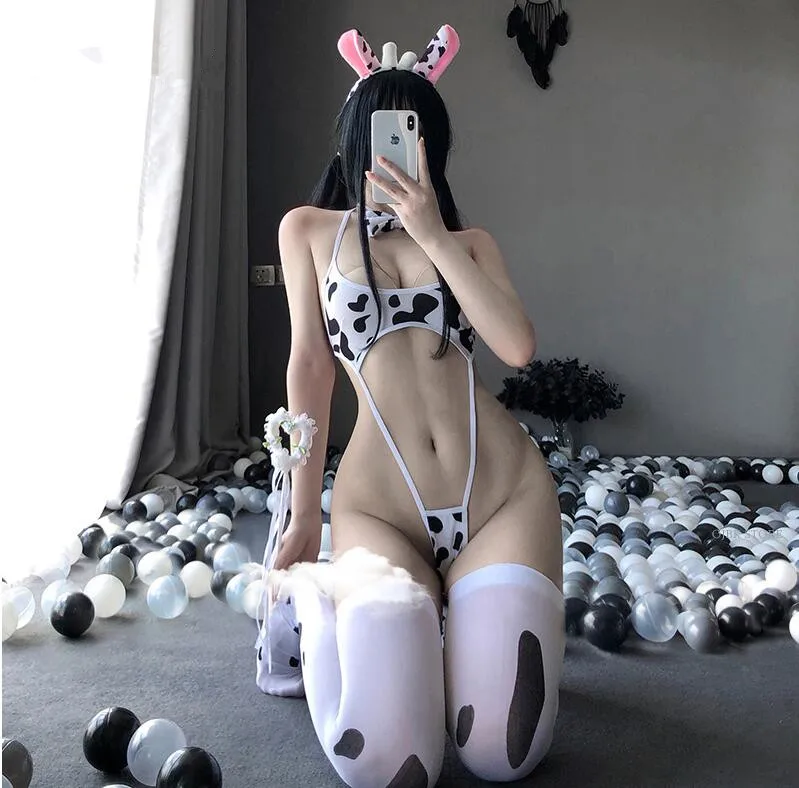 Kawaii Cosplay Cow Print Mini Backless One Piece Micro Bikini Jumpsuit Erotic Sex Costumes Bodysuit for Women Sexy Lingerie