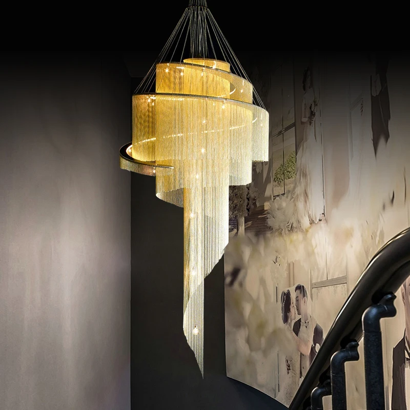 

Engineering Chandelier Duplex Building Empty Living Room Villa Golden Tassel Spiral Staircase Light Hanging Lamp Pendant Lights