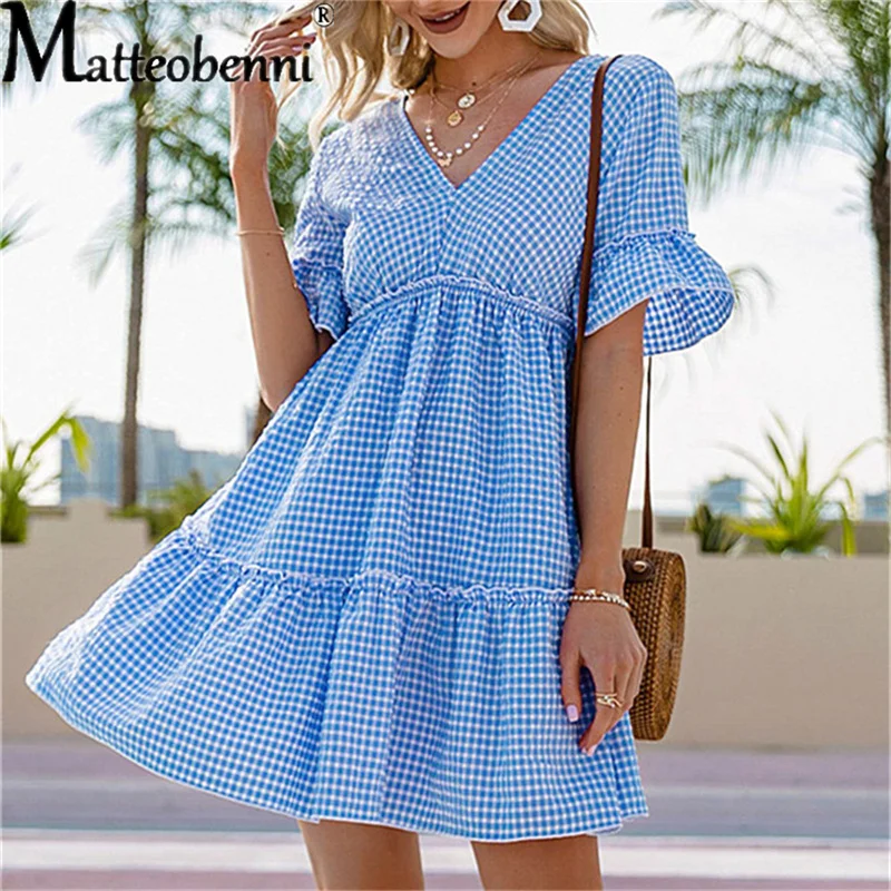 

Women Fashion Boho Mini Dress Elegant V Neck Lace-Up Casual Plaid Print Dresses 2022 Spring Short Sleeve Backless Ruffle Dress