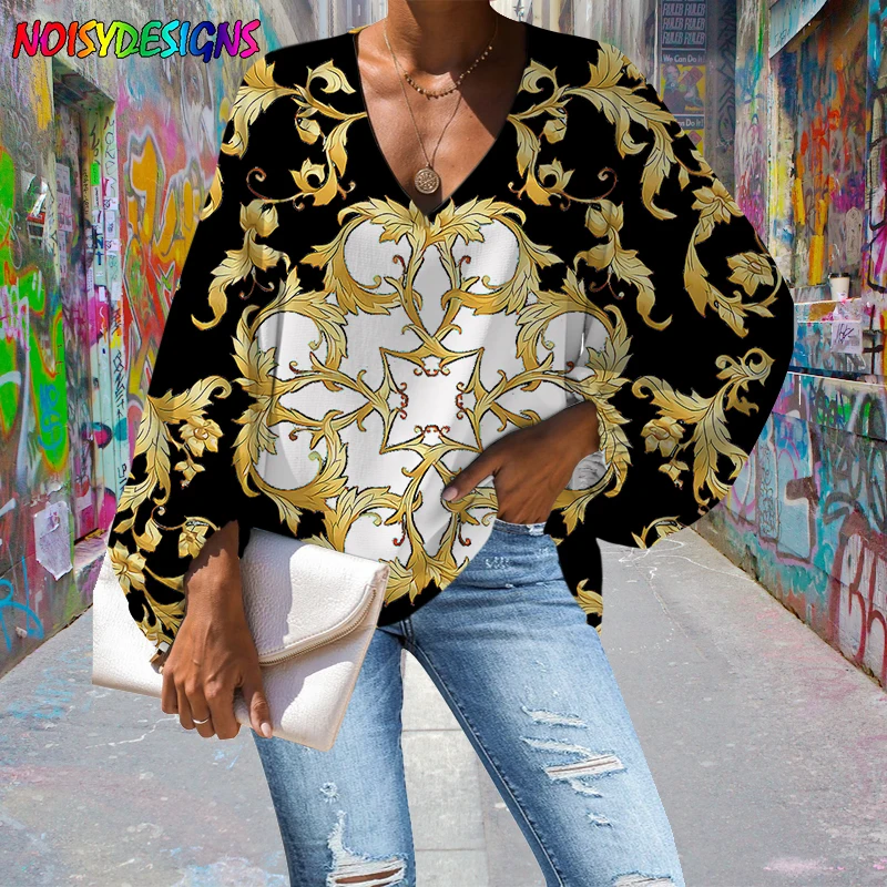 

NOISYDESIGNS Baroque Style Women Blouse Casual Chiffon Female Clothes Sexy V-Neck Lantern Sleeve Ladies Golden Flower Prints Top