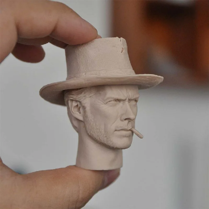 Unpainted 1/6 Clint Eastwood Head Sculpt PVC Cowboy Head Carving Fit 12'' Male Soldier Action Figure Body for Fans DIY