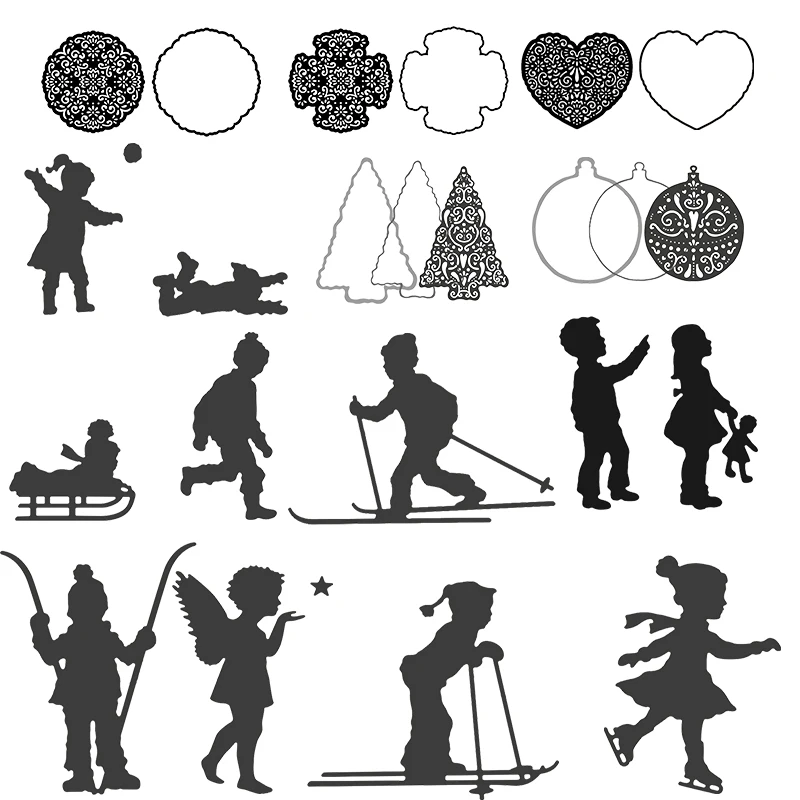 

Winter Ski Ice Skating Throwing Snowball Boys Girs Silhouette Metal Cutting Dies for DIY Scrapbooking Cards Crafts 2019 New Dies