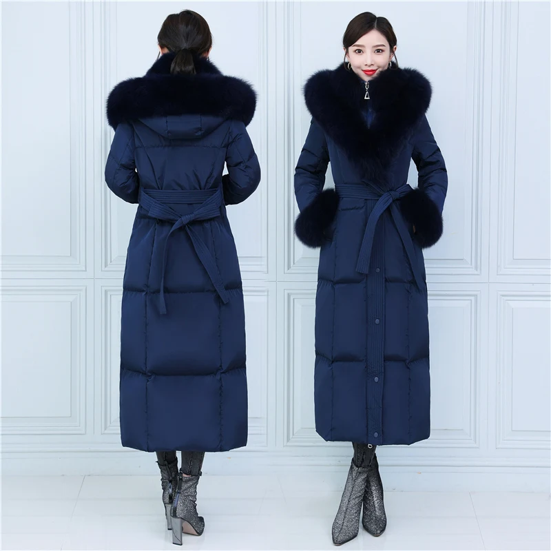 Русский теплый меховой пуховик Fit -30℃ cold Winter Thicker Longer Duck Down Coats Female Large Real Fox Fur Hooded Parkas wy431