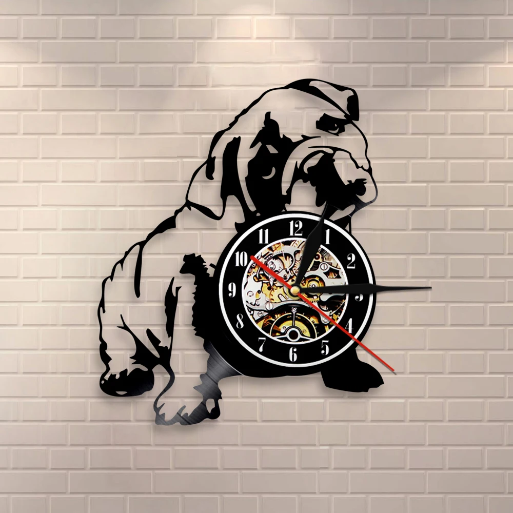 British Bulldog Dog Wall Clock Bulldogge Pitbull Vinyl Record Hanging Watches Pet Grooming Animal Detor Bulldog Dog Lover Gift