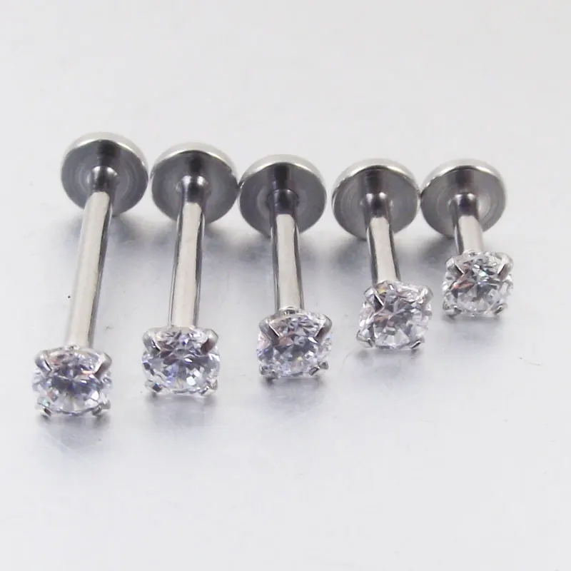 4mm Length Stainless Steel Internally Threaded Prong Top Gem Labret  Lip piercing Zircon Stone Tragus Ear Piercing Body Jewelry
