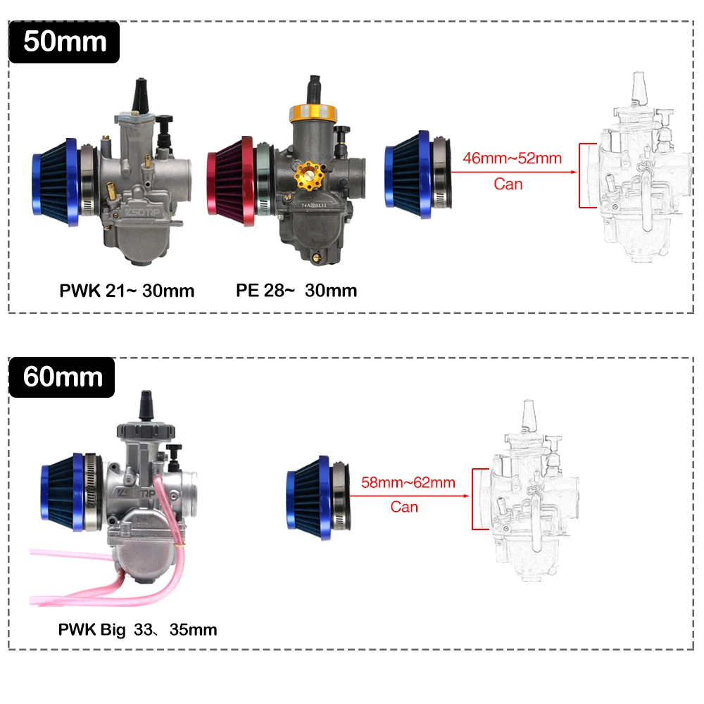 Zs 32 35 38 42 45 48 55mm 60mm çelik hava filtresi 2 zamanlı motor için PWK 21/24/26/28/30mm PE28 PE30 karbüratör ATV UTV Quad
