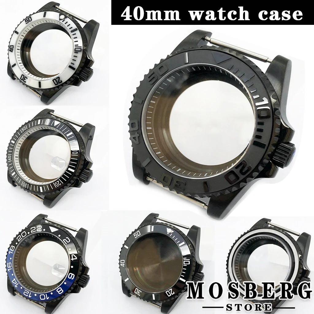 

40mm Watch Case With Bezel Black Solid 316L Stainless Steel Sapphire Glass For NH35 NH36 ETA2824 Seagull 2130 PT5000 Movement