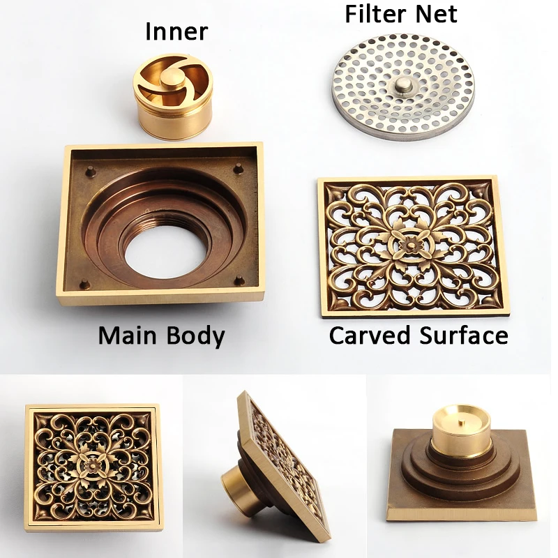 Euro Floor Drains Antique Brass Shower Floor Drain Bathroom Accessories Deodorant Euro Square Floor Drain Strainer Cover Grate