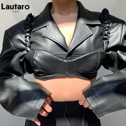 Lautaro-Veste courte en similicuir pour femme, blouson noir, léger, manches longues, revers, sexy, mode printemps automne 2021