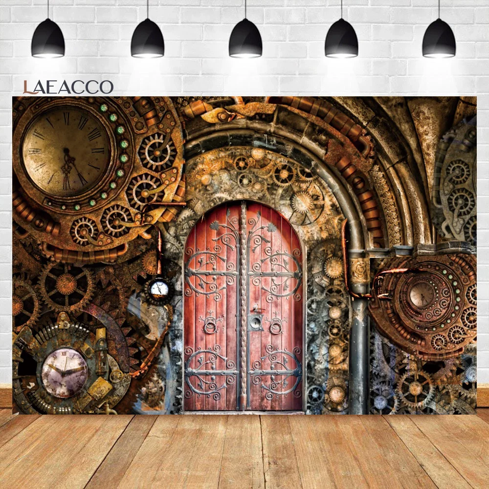 Laeacco Vintage Steampunk Backdrop Rusty Gear Metal Gearwheel Gate Steam Adult Kid Portrait Photography Background Photo Studio