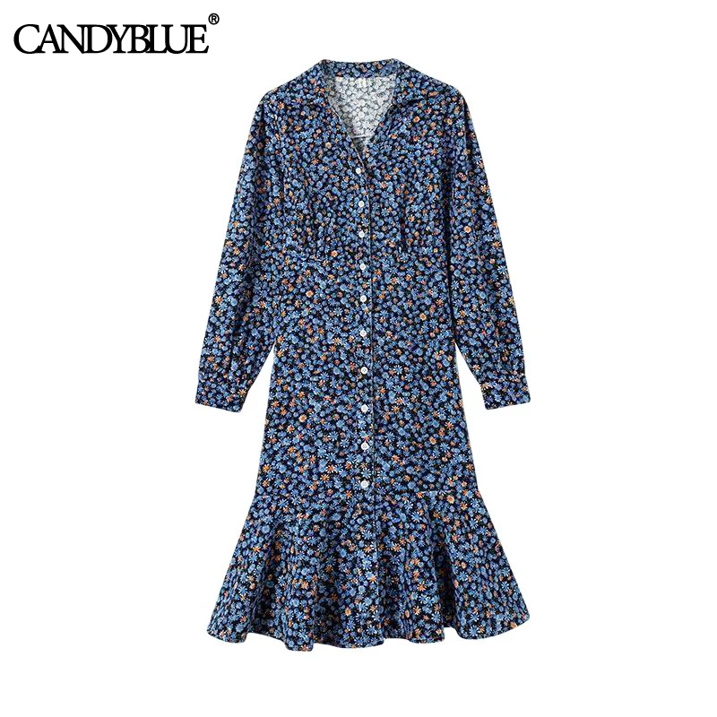 Floral fishtail dress 2022 spring and autumn new fashion French single-breasted corduroy A-shaped knee-length Polo dress women