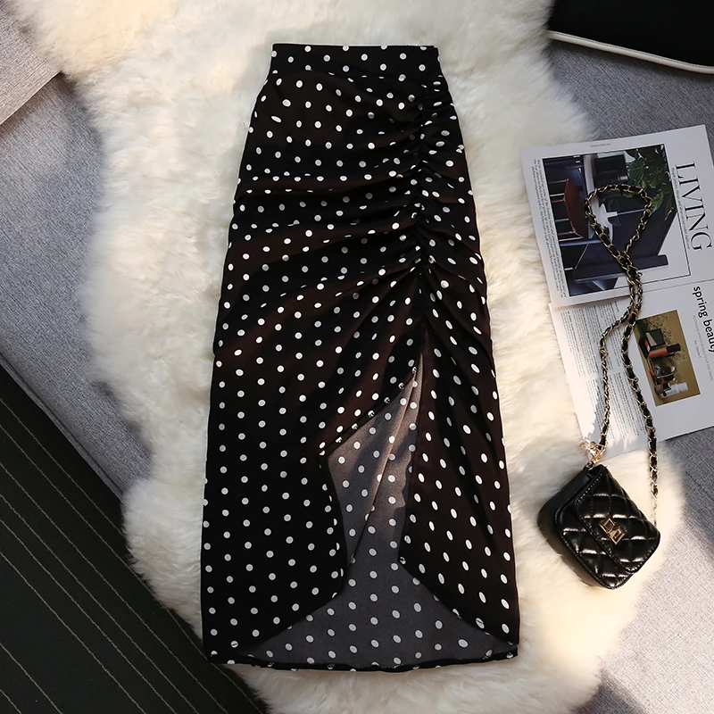 Outono inverno saias longas mulheres elástico cintura alta cordão dividir polka dot saia senhoras moda shirring bodycon lápis saia