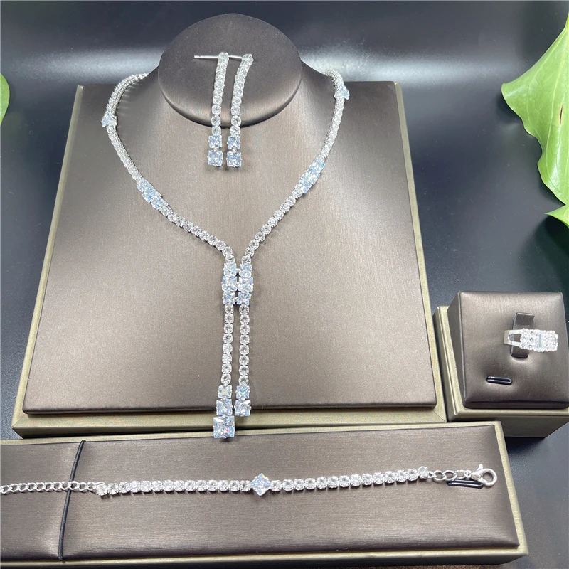 Luxury Silver Color Crystal Long Tassel Necklace Bracelet Ring Earrings Sets Elegant Stylish Charms Women's Wedding Jewelry Sets