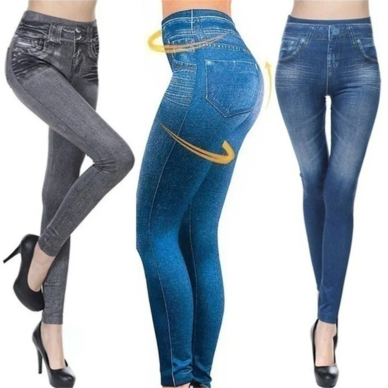 2021 Women\'s Spring and Summer Tight Imitation Jeans, Smart Slim Fashion, Large Tight Pants, False Pocket Women\'s Fitness Pants