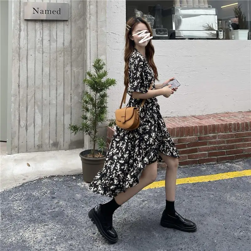 Short Sleeve Dress Women Elegant Black All-match Asymmetrical Design Vintage Fashion Summer Chiffon V-Neck Slim Abdomen Ulzzang