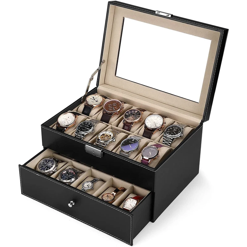 Watch Box Organizer 20 Men Display Storage Case Metal Hinge Black PU Leather Glass Top Large Holder