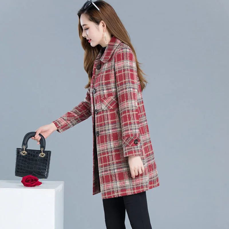 2022 Autumn Winter Women\'s Plaid Mid Long Coats Casual Jacket Fashion Single-Breasted Outerwear High Quality Female Woolen Coats