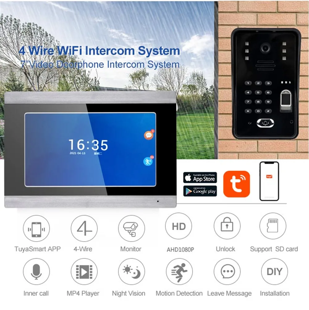 TUYA Video Intercom WIFI RFID Fingerprint Video Tür Telefon System Hause Sprechanlage mit 7 Inch Unterstützung Remote APP Entriegelung Rekord