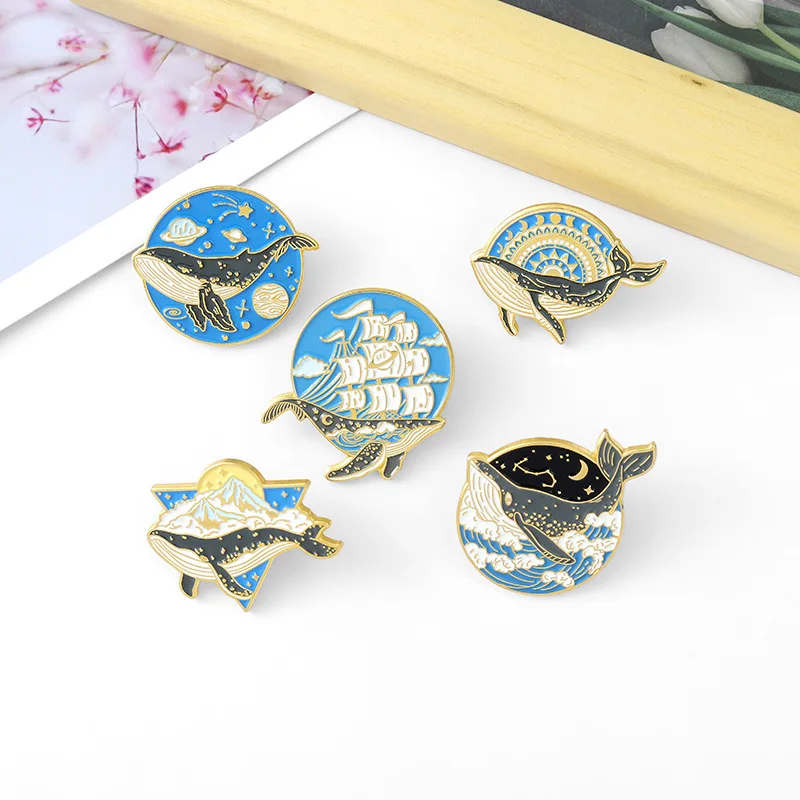 Creative Whale Brooch Simple Sun Moon Star Planet Mountain Peak Sailboat Marine Life Enamel Alloy Metal Badge Pin Children Gift