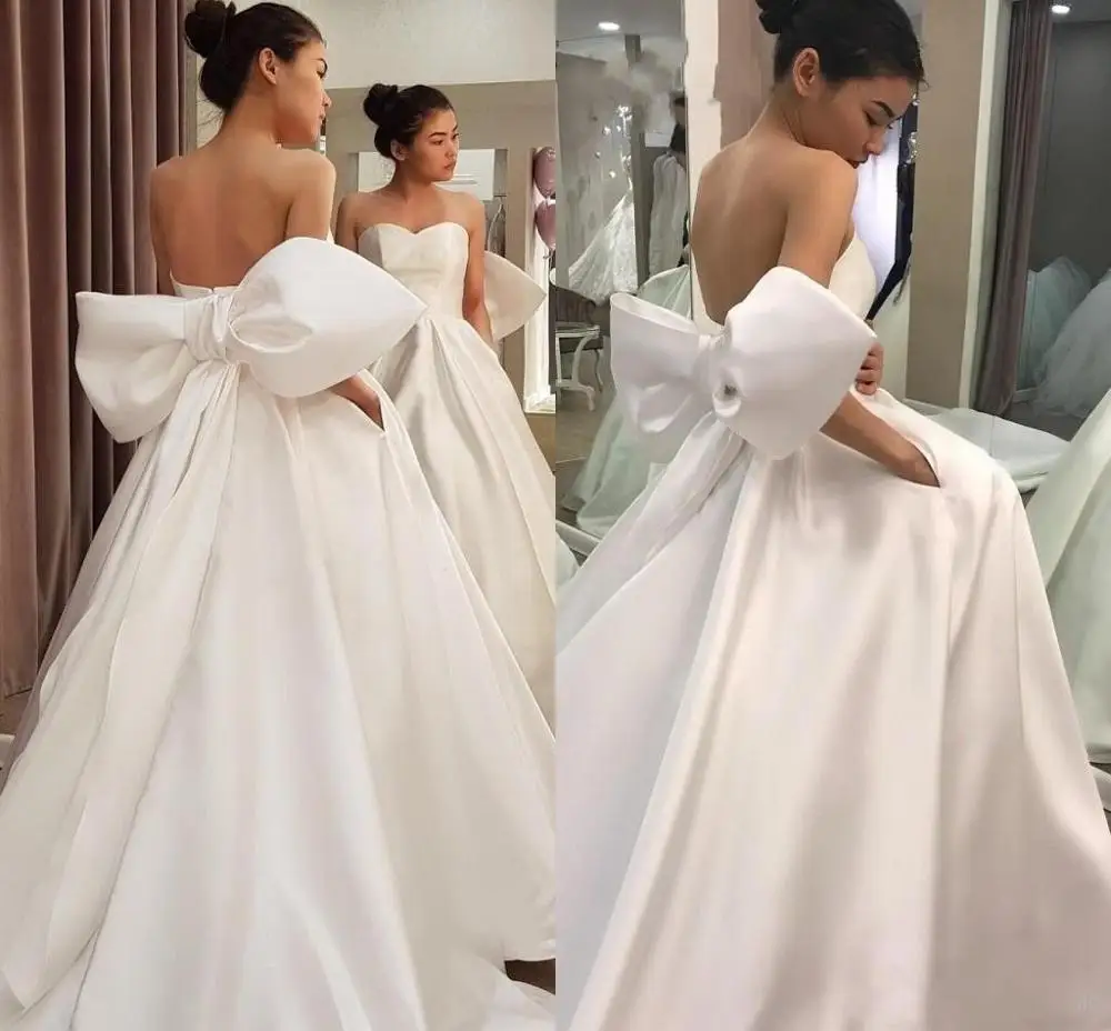 Jieruize moda voltar design vestidos de casamento com arco grande querida pescoço sem costas simples cetim vestidos de noiva novia