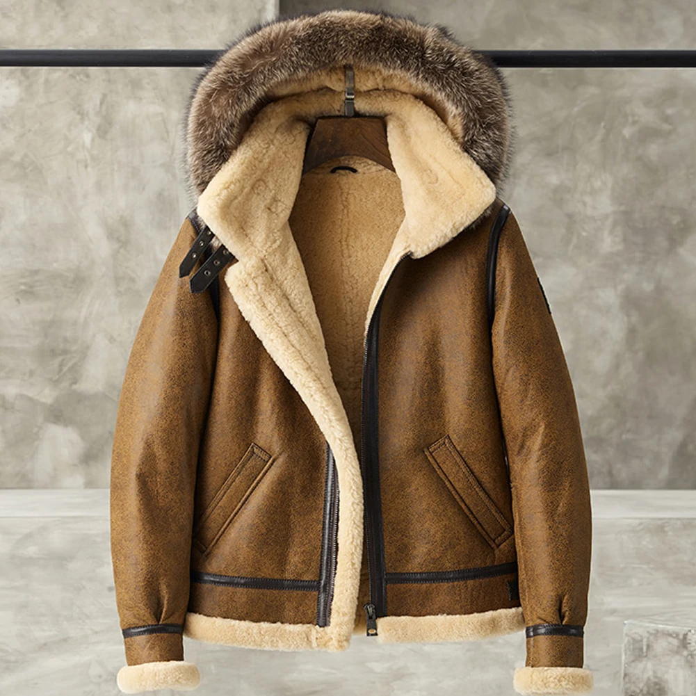 

Shearling Jacket Men Detachable Hooded B3 Bomber Jacket Men Shearling Fur Coat Yellowish brown